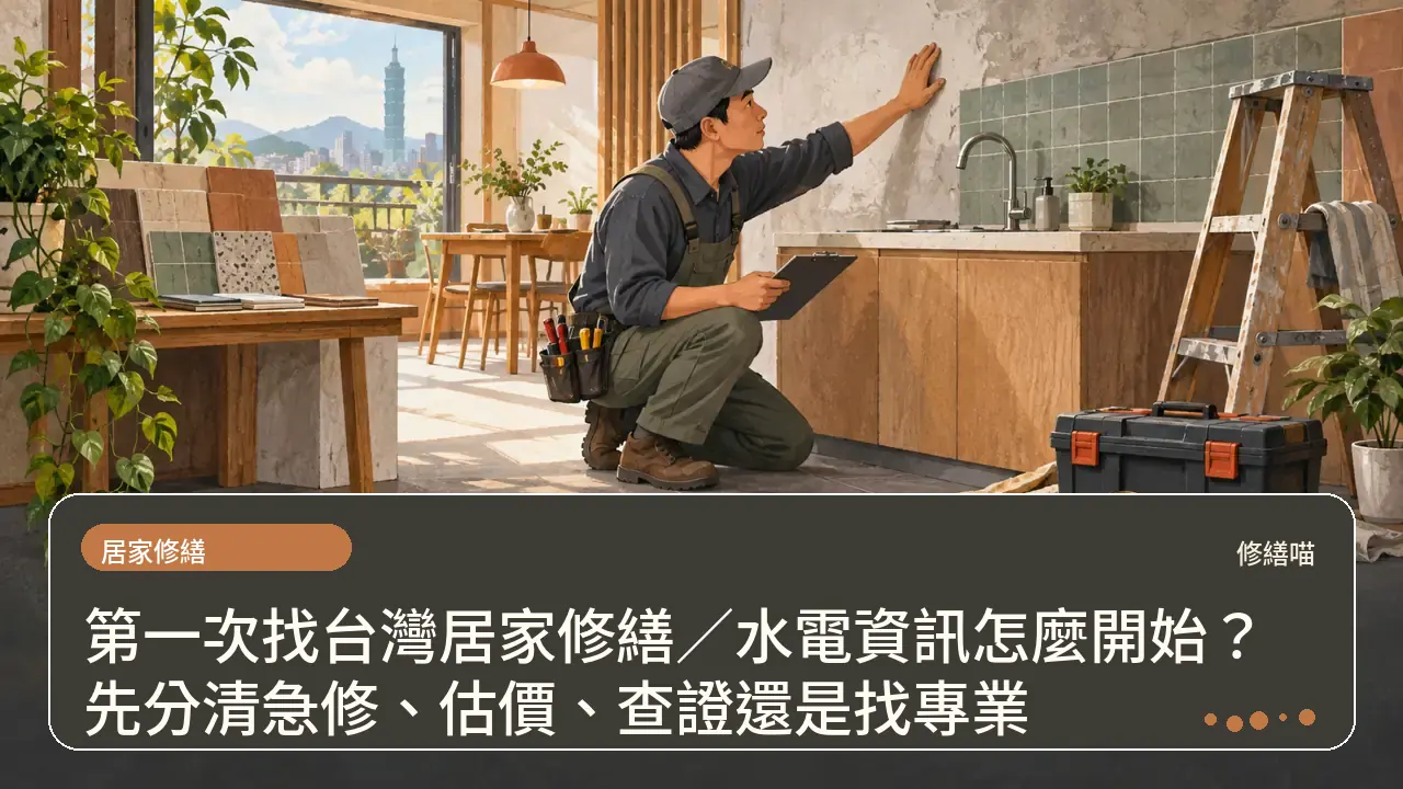 第一次找台灣居家修繕／水電資訊怎麼開始？先分清急修、估價、查證還是找專業主題插畫