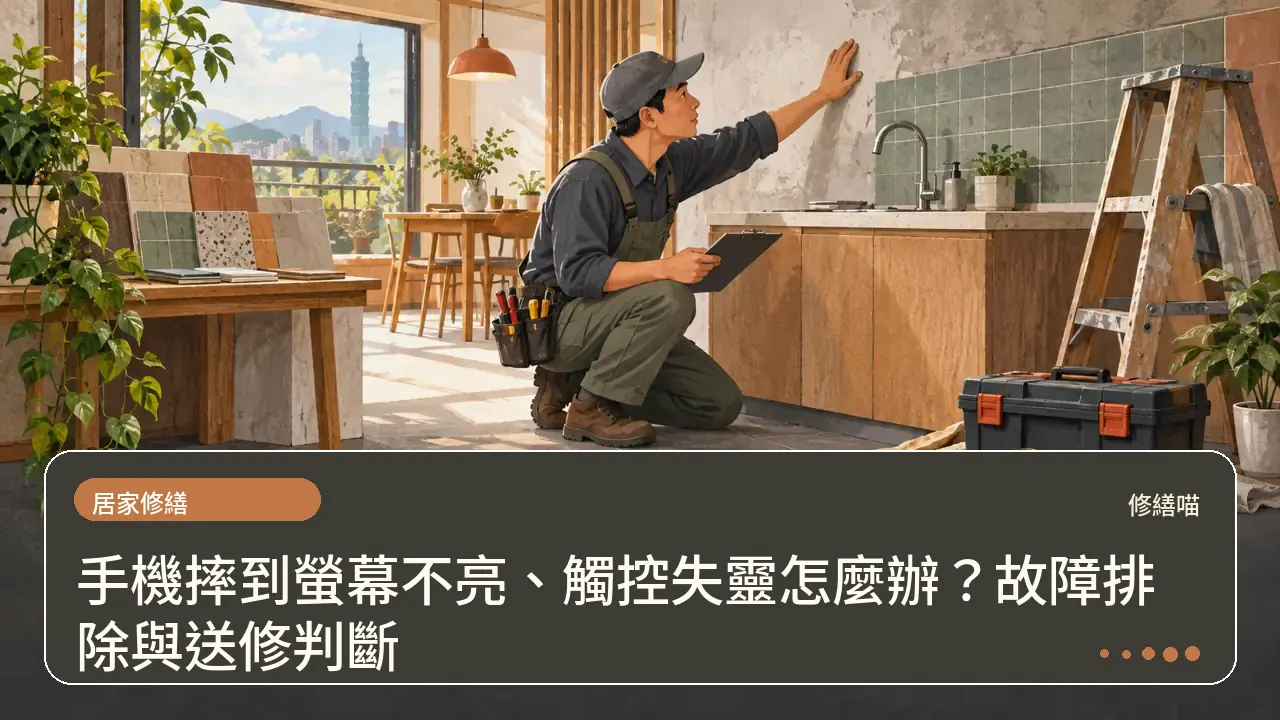 手機摔到螢幕不亮、觸控失靈怎麼辦？故障排除與送修判斷主題插畫