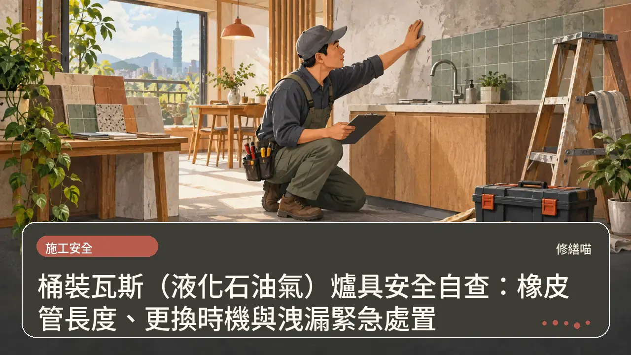 桶裝瓦斯(液化石油氣)爐具安全自查:橡皮管長度、更換時機與洩漏緊急處置主題插畫