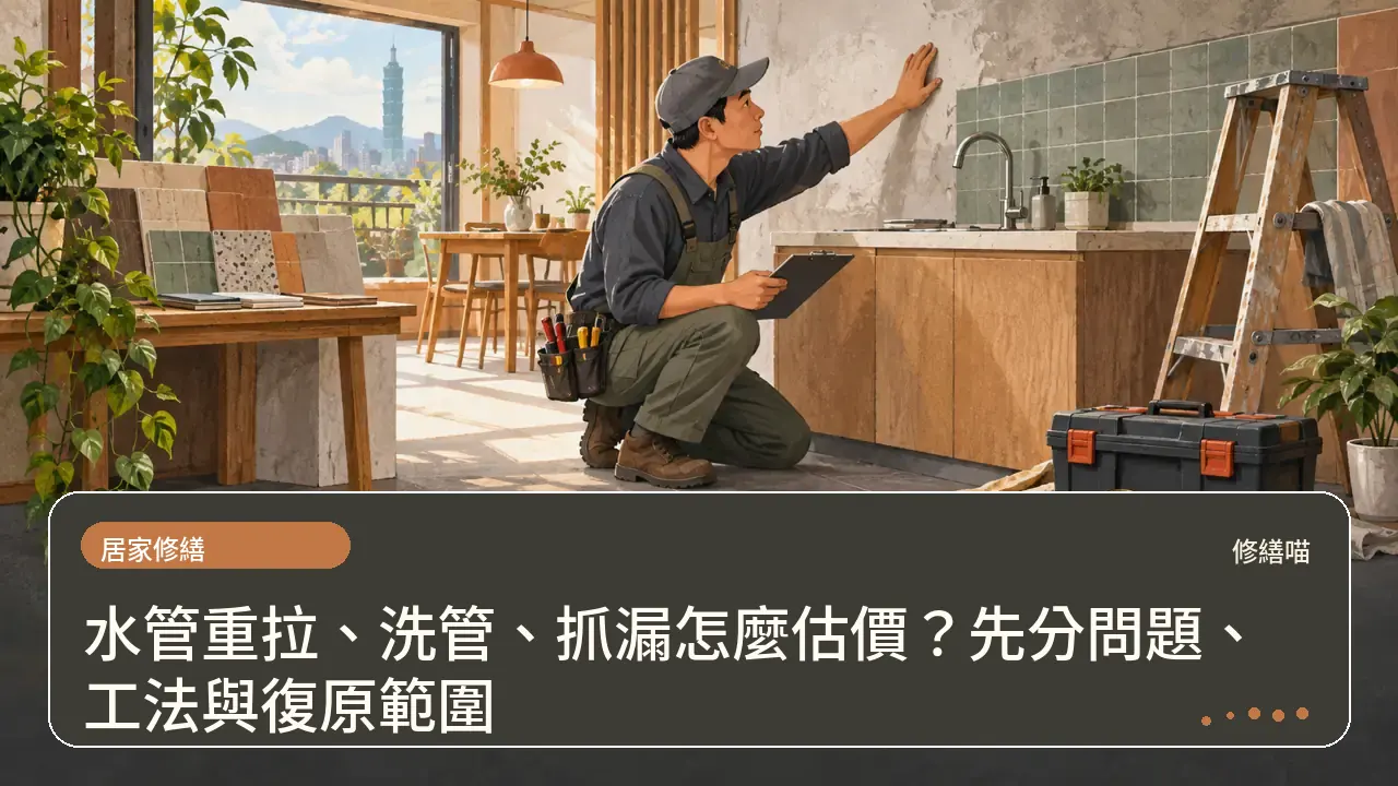水管重拉、洗管、抓漏怎麼估價？先分問題、工法與復原範圍主題插畫