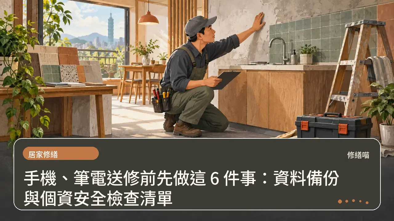 手機、筆電送修前先做這 6 件事：資料備份與個資安全檢查清單主題插畫