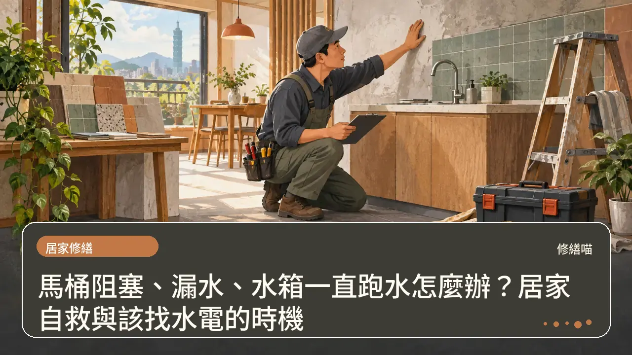 馬桶阻塞、漏水、水箱一直跑水怎麼辦？居家自救與該找水電的時機主題插畫